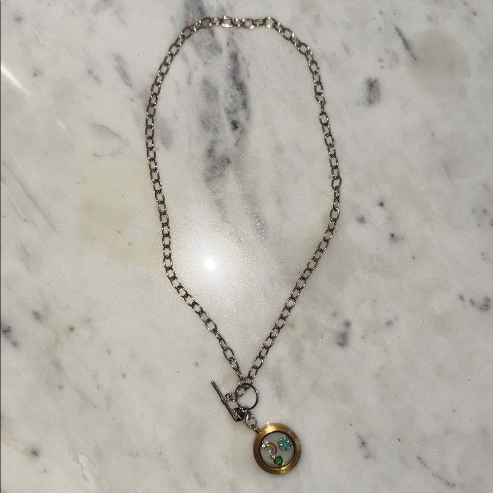 Origami Owl Locket Necklace with hinged locket and 🌈☘️💚 charms